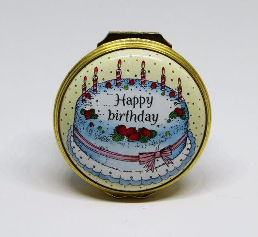HALCYON DAYS ENAMEL BOX - STRAWBERRY "HAPPY BIRTHDAY" CAKE - CANDLES & BALLOONS