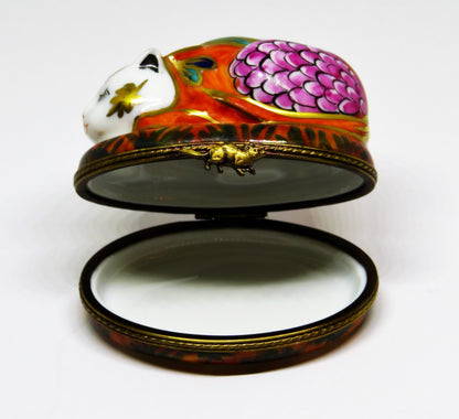 LIMOGES FRANCE BOX - SLEEPING ASIAN CAT -FLORAL CROUCHING KITTY- FLOWERS - MOUSE
