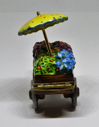 LIMOGES FRANCE BOX ~ ELDA ~ FLOWER CART & UMBRELLA ~ LE 34/50 ~ PEINT MAIN