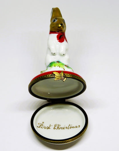 LIMOGES FRANCE BOX - CHAMART - WHITE BUNNY & RED BOW & HOLLY - FIRST CHRISTMAS