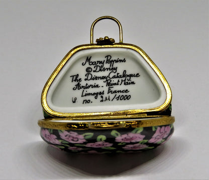 LIMOGES FRANCE BOX -ARTORIA- MARY POPPINS FLOWERED CARPET BAG PURSE - LE -DISNEY
