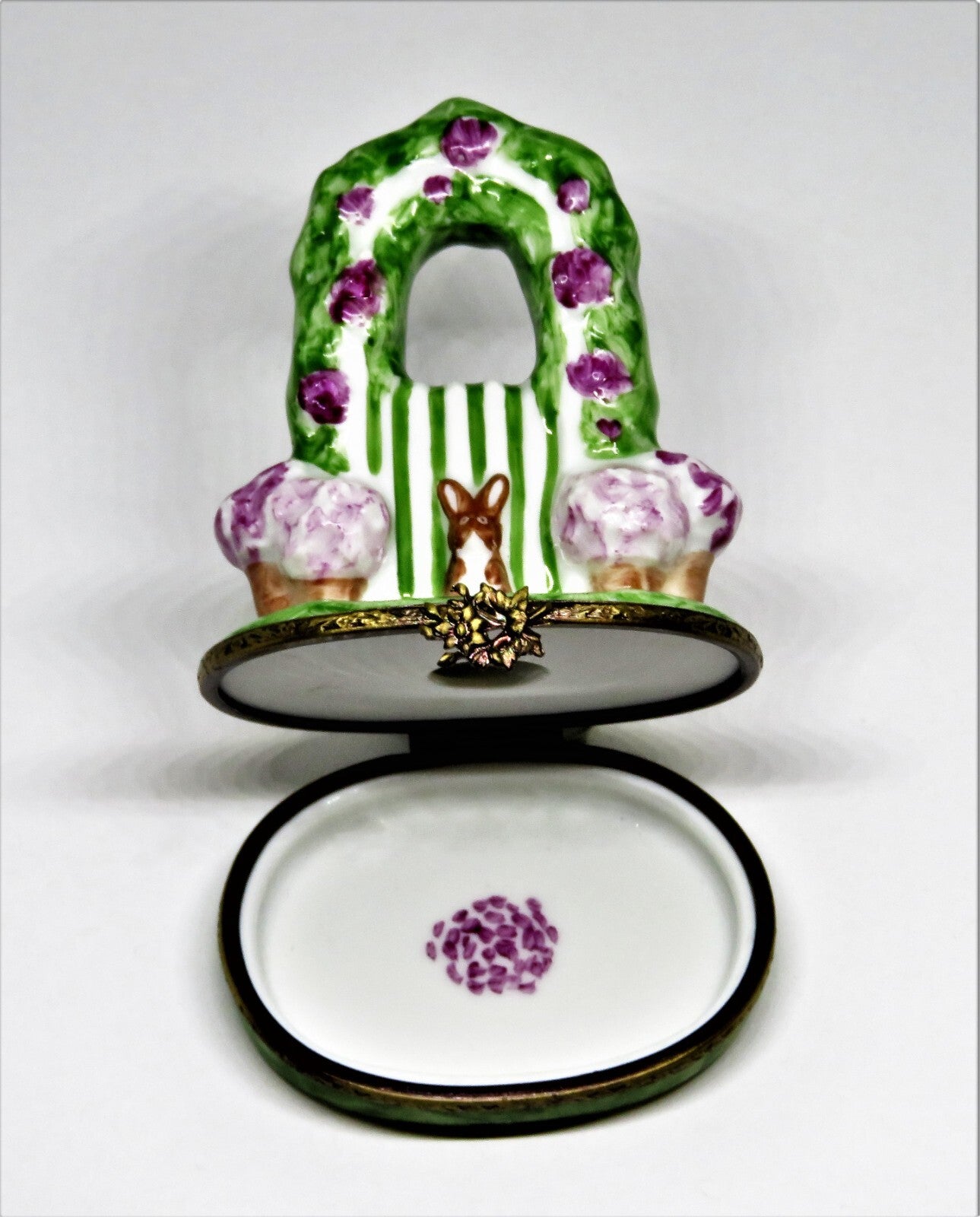 LIMOGES FRANCE BOX - EASTER BUNNY & ARBOR OF PINK FLOWERS & GARDEN GATE - RABBIT