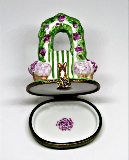 LIMOGES FRANCE BOX - EASTER BUNNY & ARBOR OF PINK FLOWERS & GARDEN GATE - RABBIT
