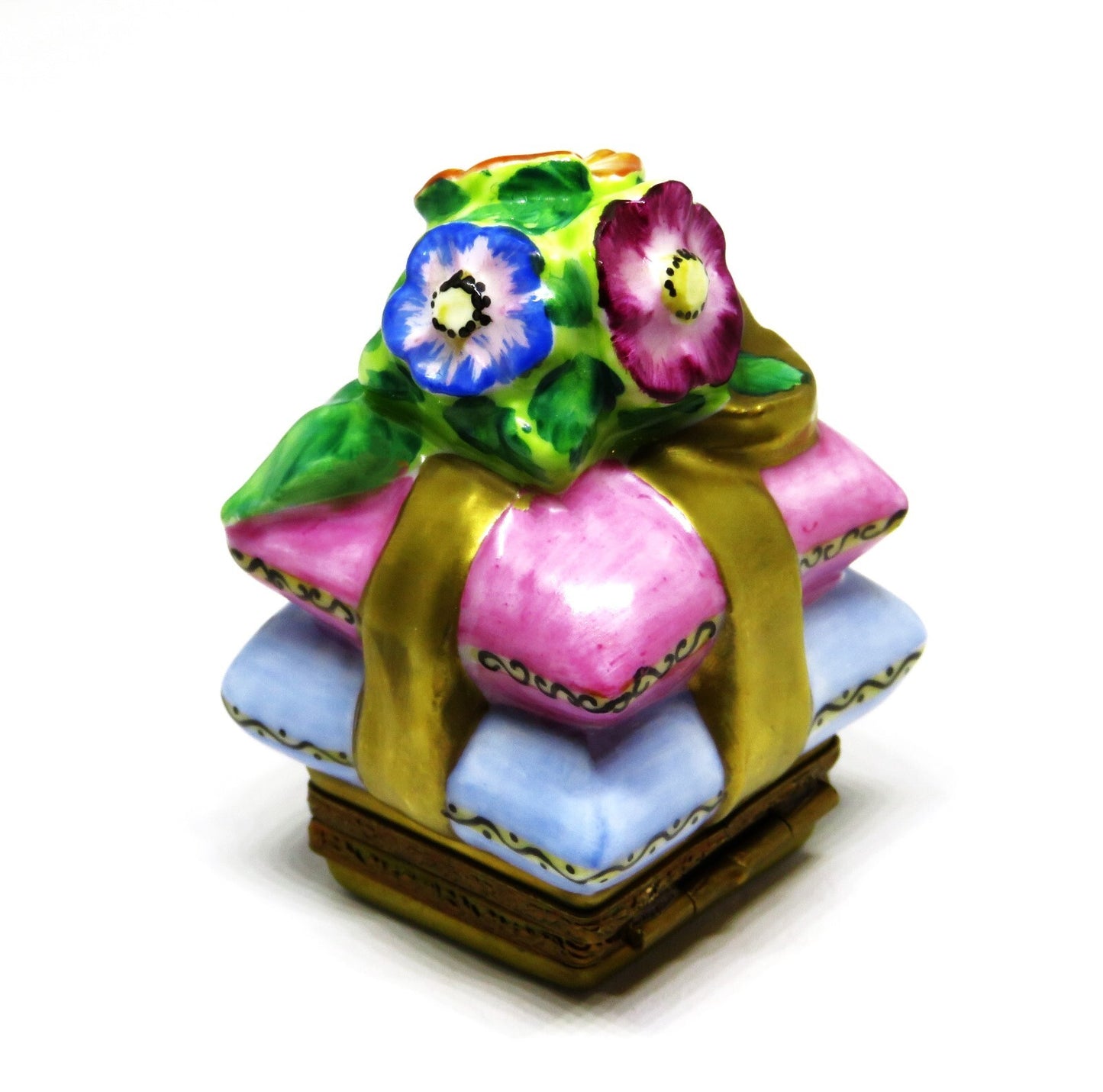 LIMOGES BOX ~ ROCHARD ~ SACHET PILLOWS ~ RIBBONS & 3D FLOWERS ~ROSES~ PEINT MAIN