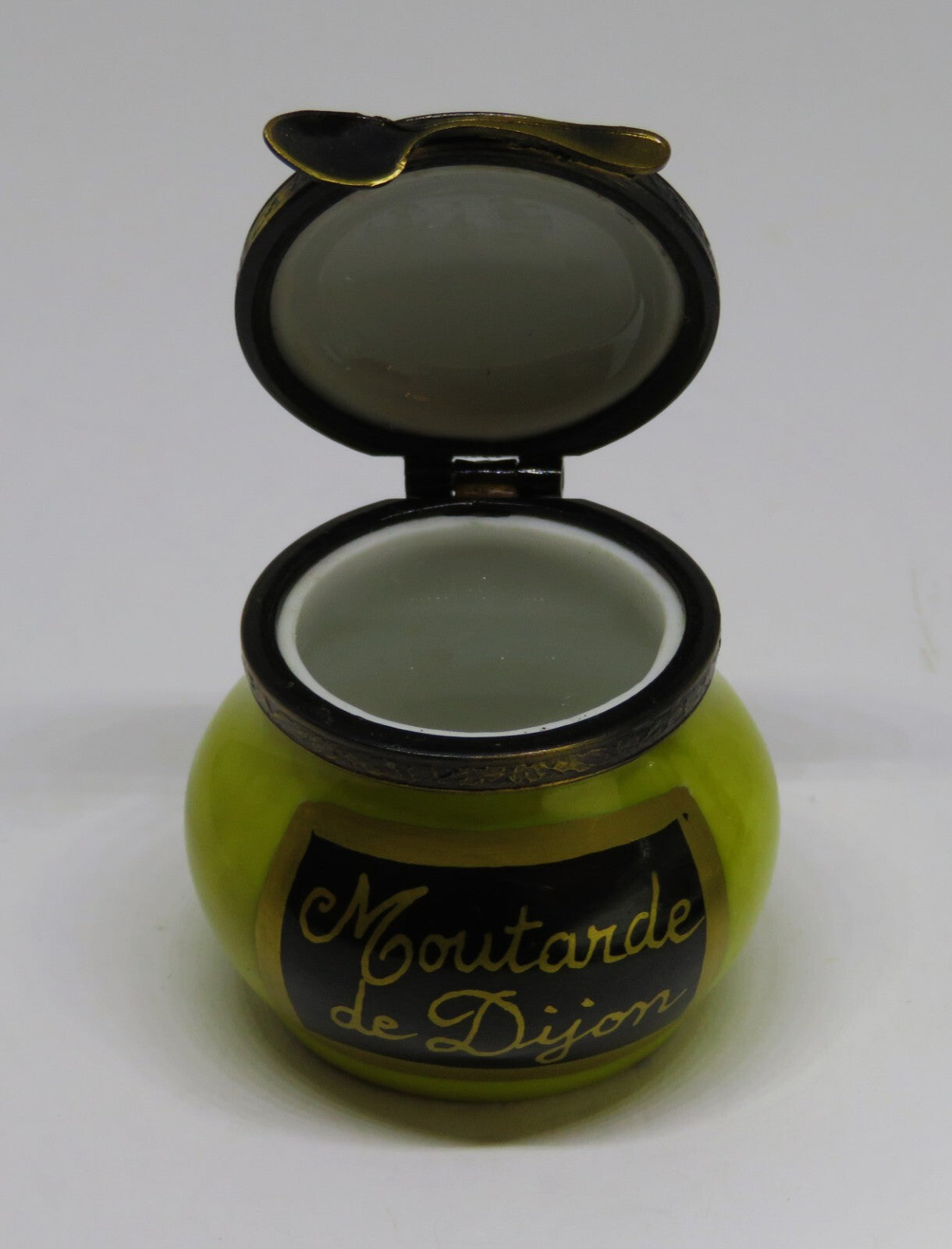 LIMOGES FRANCE BOX - EXIMIOUS - JAR OF DIJON FRENCH MUSTARD & SPOON - CONDIMENTS