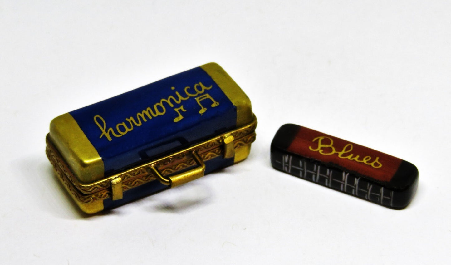 LIMOGES BOX ~PARRY-VIEILLE~ VINTAGE CASE & BLUES HARMONICA ~ MUSICAL INSTRUMENTS