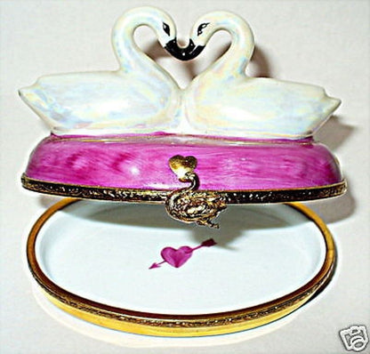 LIMOGES FRANCE BOX - IRIDESCENT KISSING SWANS & GOLD HEARTS - ANNIVERSARY