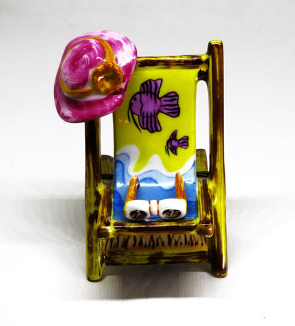 LIMOGES BOX - SINCLAIR - BEACH CHAIR & FISH - 'STRAW' HAT & FLOWER & SUNGLASSES