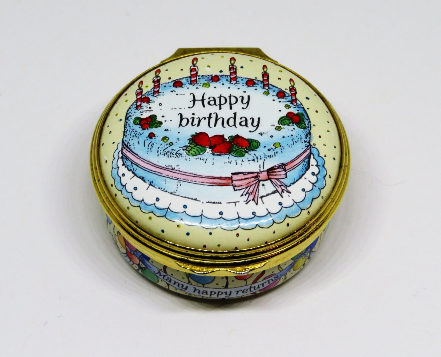 HALCYON DAYS ENAMEL BOX - STRAWBERRY "HAPPY BIRTHDAY" CAKE - CANDLES & BALLOONS