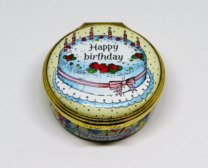 HALCYON DAYS ENAMEL BOX - STRAWBERRY "HAPPY BIRTHDAY" CAKE - CANDLES & BALLOONS