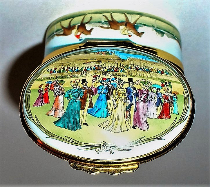 HALCYON DAYS ENAMEL BOX - ROYAL ENCLOSURE AT ASCOT RACES - EDWARDIAN TIMES - MIB
