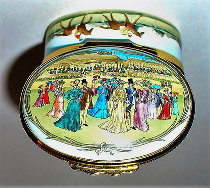 HALCYON DAYS ENAMEL BOX - ROYAL ENCLOSURE AT ASCOT RACES - EDWARDIAN TIMES - MIB
