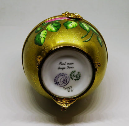 LIMOGES BOX - BEAUCHAMP - HUGE GOLD INCRUSTATION EGG - SONG BIRD & PINK ROSES