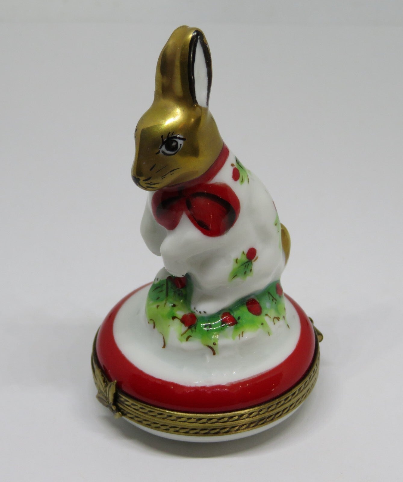 LIMOGES FRANCE BOX - CHAMART - WHITE BUNNY & RED BOW & HOLLY - FIRST CHRISTMAS