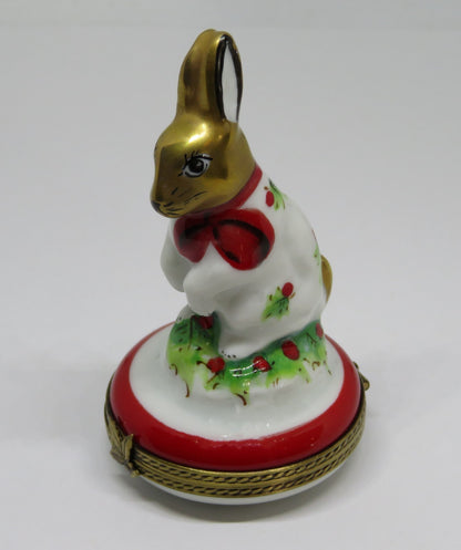 LIMOGES FRANCE BOX - CHAMART - WHITE BUNNY & RED BOW & HOLLY - FIRST CHRISTMAS