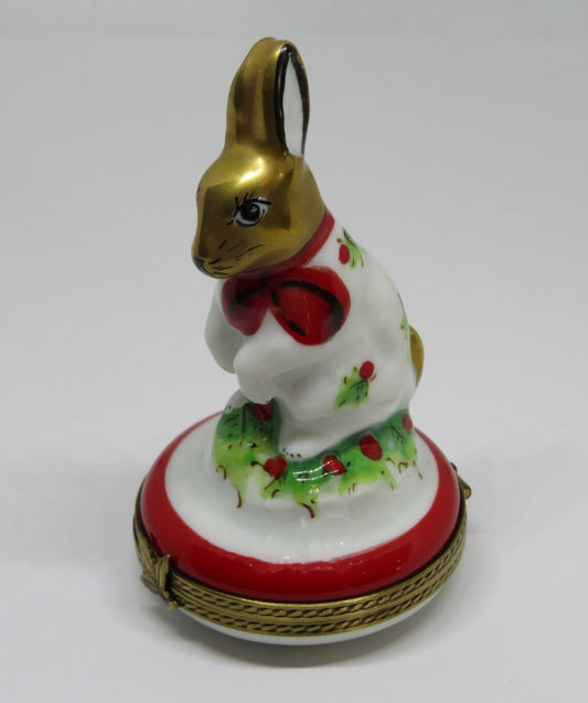 LIMOGES FRANCE BOX - CHAMART - WHITE BUNNY & RED BOW & HOLLY - FIRST CHRISTMAS