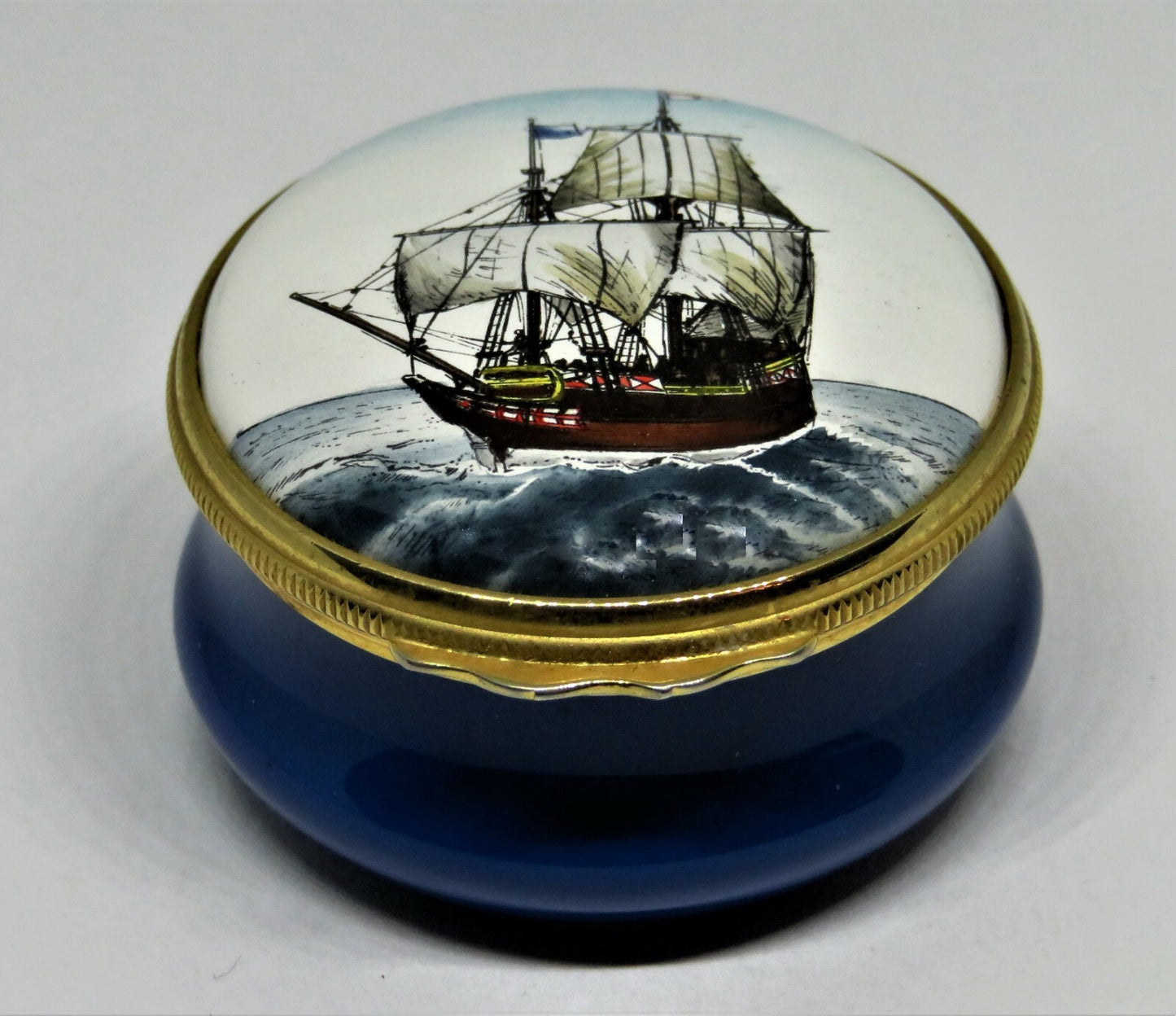 HALCYON DAYS ENAMEL BOX -GODSPEED ANTIQUE SAILING SHIP- JAMESTOWN VIRGINIA 1607