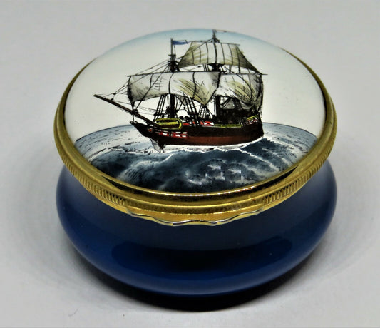 HALCYON DAYS ENAMEL BOX -GODSPEED ANTIQUE SAILING SHIP- JAMESTOWN VIRGINIA 1607