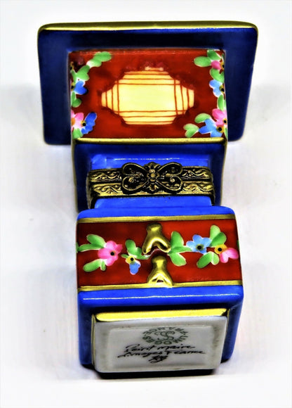 LIMOGES FRANCE BOX - ASIAN LANTERN - FLOWERS & GOLD TASSELS  - BUTTEFLY CLASP