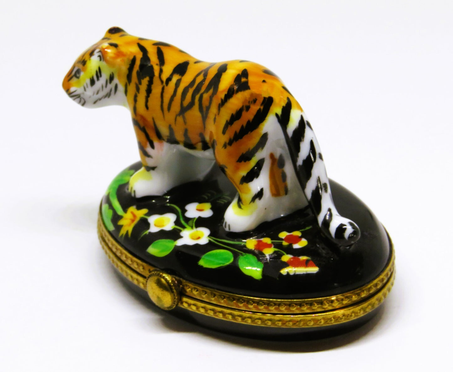 LIMOGES FRANCE BOX - TIGER ON A FLORAL BASE - WILD CATS - FLOWERS