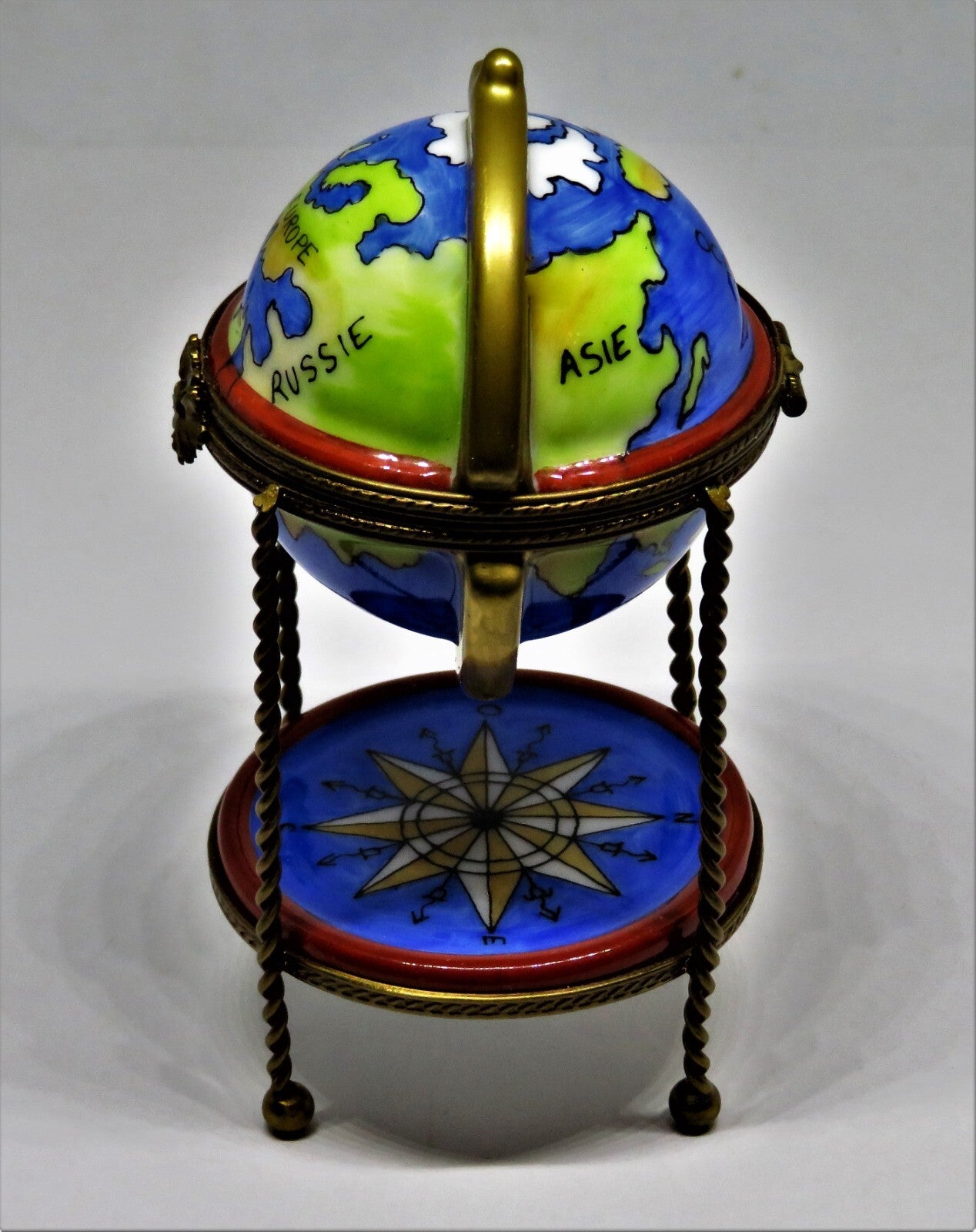 LIMOGES FRANCE BOX -PARRY-VIEILLE- WORLD GLOBE & METAL STAND - REMOVABLE COMPASS