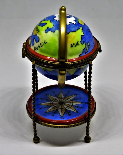 LIMOGES FRANCE BOX -PARRY-VIEILLE- WORLD GLOBE & METAL STAND - REMOVABLE COMPASS