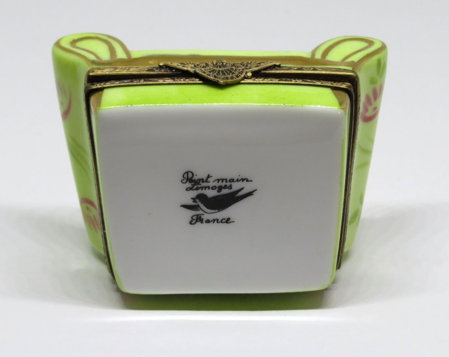 LIMOGES BOX - COMFORTABLE GREEN READING CHAIR & PILLOW - PINK FLOWERS