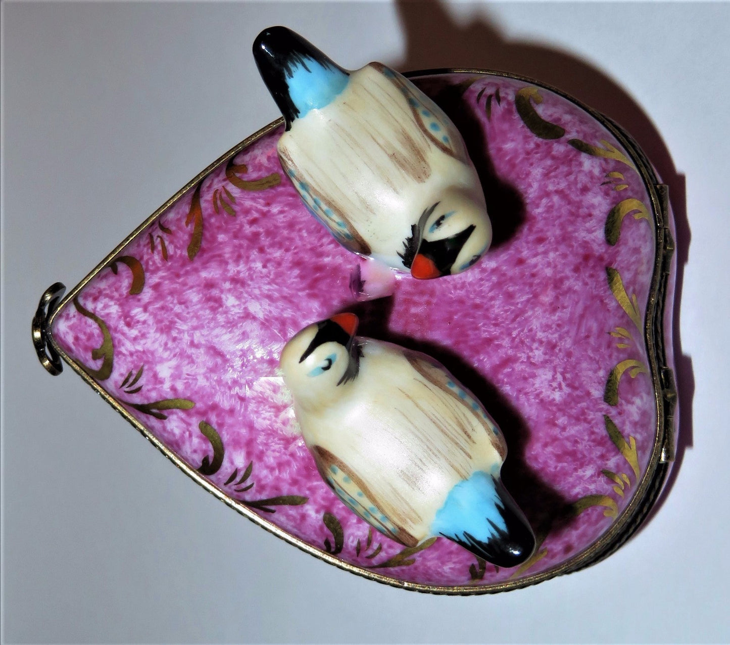 LIMOGES FRANCE BOX - PINK & GOLD HEART & LOVEBIRDS - "WITH LOVE" - ANNIVERSARY