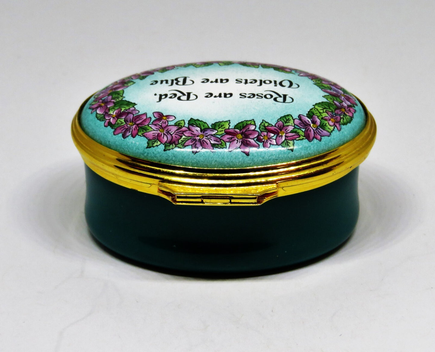 HALCYON DAYS ENGLISH ENAMEL BOX- "ROSES ARE RED, VIOLETS ARE BLUE ..." - FLOWERS