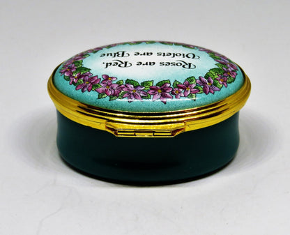 HALCYON DAYS ENGLISH ENAMEL BOX- "ROSES ARE RED, VIOLETS ARE BLUE ..." - FLOWERS