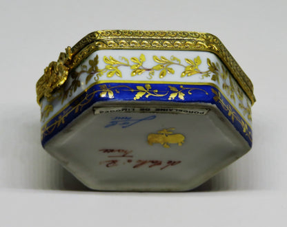 LIMOGES FRANCE HEXAGON BOX - LE TALLEC - FLOWERS & GOLD VINES - ROSES - 1960