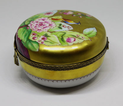 LIMOGES BEAUCHAMP - HUGE GOLD INCRUSTATION ROUND BOX - BIRD & PINK FLOWERS