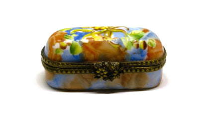 LIMOGES FRANCE - DUBARRY- SMALL FLORAL PIN BOX  - WATERCOLOR FLOWERS - RIBBONS