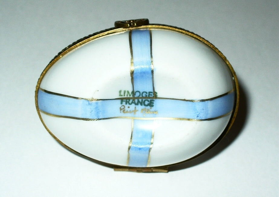 LIMOGES FRANCE BOX ~ EASTER EGG ~ BLUE & GOLD BOW ~ TOP SIGNED ~ PEINT MAIN