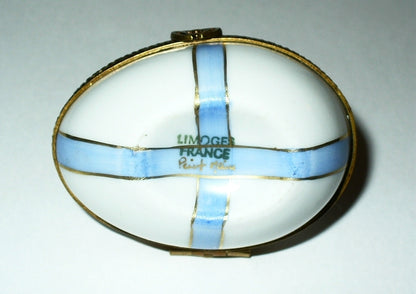 LIMOGES FRANCE BOX ~ EASTER EGG ~ BLUE & GOLD BOW ~ TOP SIGNED ~ PEINT MAIN