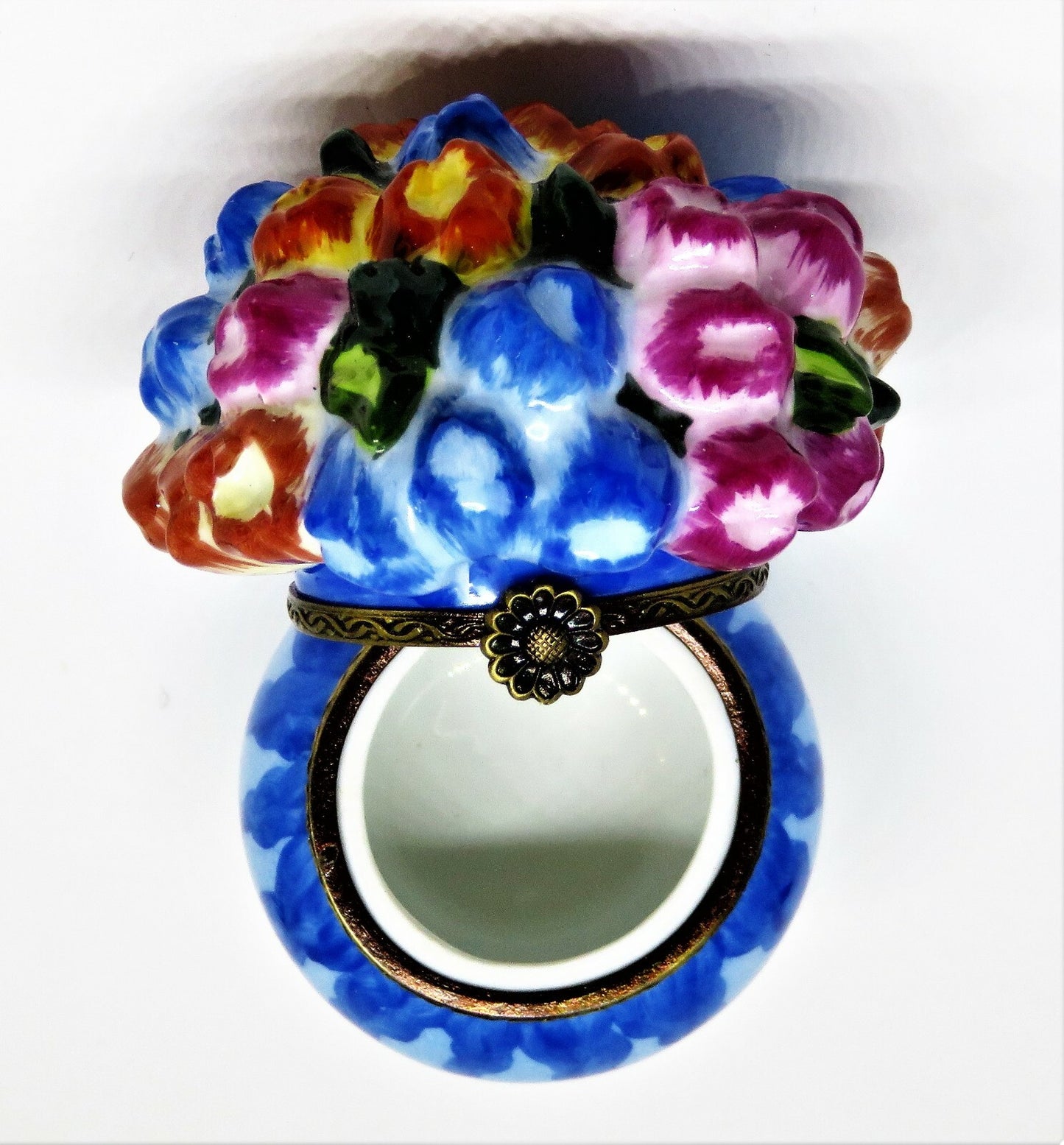 LIMOGES FRANCE BOX - ELDA - BLUE VASE & FLOWERS - BLUE, ORANGE & PINK TULIPS
