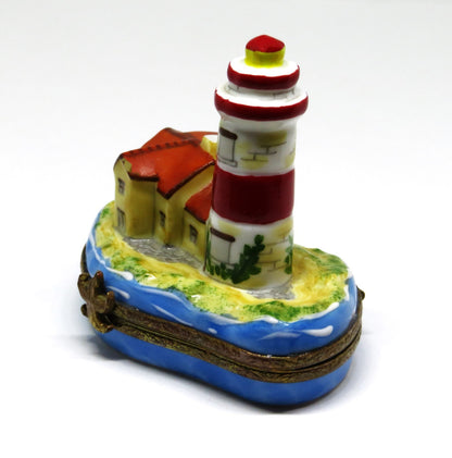 LIMOGES FRANCE BOX - LIGHTHOUSE & ISLAND - STARFISH CLASP - BIRDS & SUN INSIDE