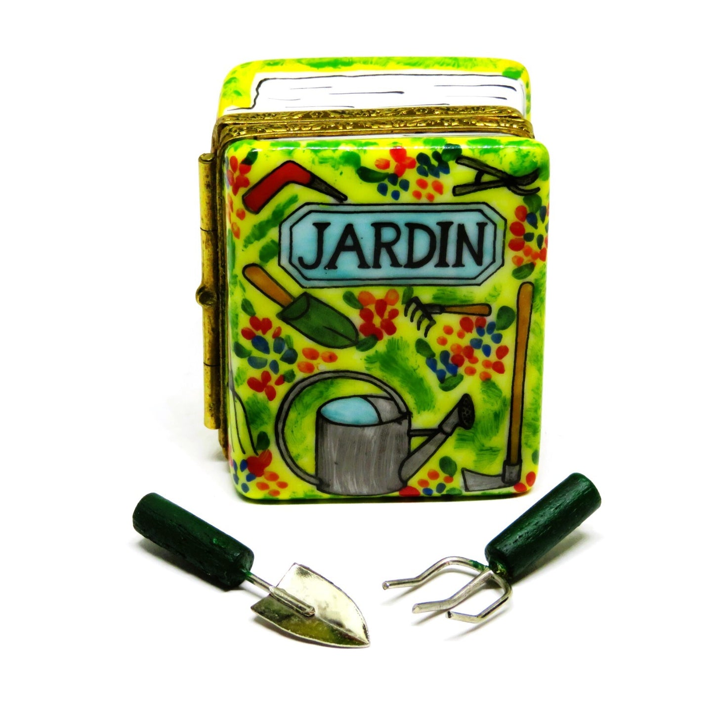 LIMOGES FRANCE BOX -LIMOGES IMPORTS- GARDENING BOOK & TOOLS - FLOWERS - "JARDIN"
