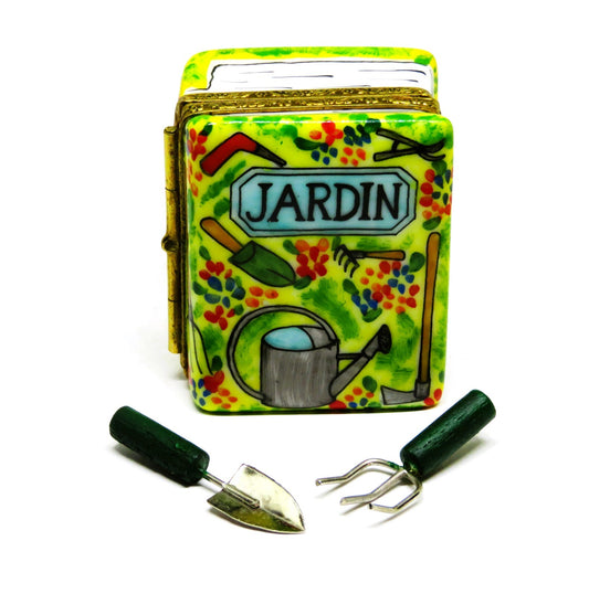 LIMOGES FRANCE BOX -LIMOGES IMPORTS- GARDENING BOOK & TOOLS - FLOWERS - "JARDIN"