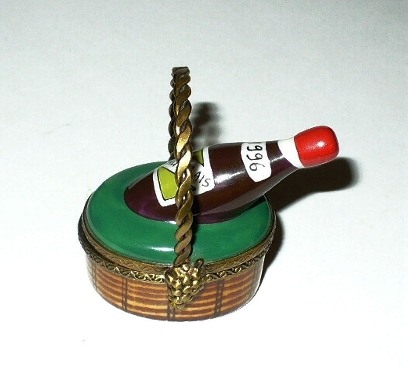 LIMOGES FRANCE BOX ~ PV ~ 1996 BEAUJOLAIS WINE BOTTLE & BASKET ~ PEINT MAIN