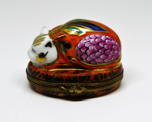 LIMOGES FRANCE BOX - SLEEPING ASIAN CAT -FLORAL CROUCHING KITTY- FLOWERS - MOUSE