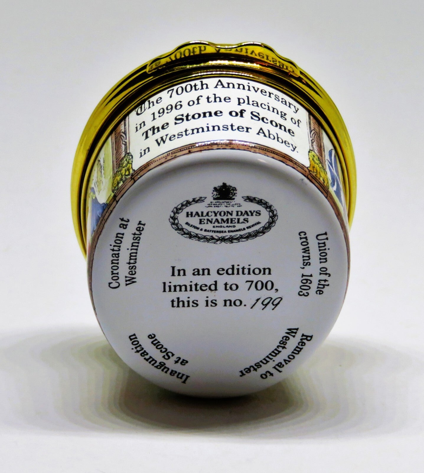 HALCYON DAYS ENGLISH ENAMEL BOX- THE STONE OF SCONE - BRITISH ROYALTY - SCOTLAND