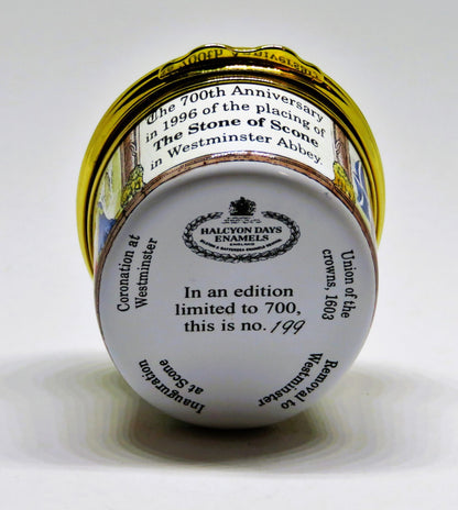 HALCYON DAYS ENGLISH ENAMEL BOX- THE STONE OF SCONE - BRITISH ROYALTY - SCOTLAND