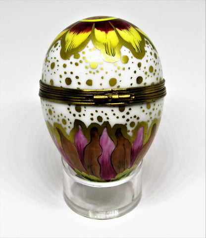 LIMOGES FRANCE BOX - COLORFUL FLORAL EGG - FLOWERS & LEAVES - WATERCOLORS