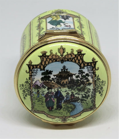 HALCYON DAYS ENAMEL BOX- ASIAN SCENES - CHINOISERIE -TREES- PAGODA -BIRD- PEOPLE