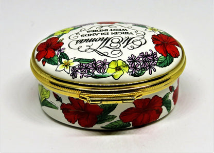 HALCYON DAYS ENAMEL BOX - "ST. THOMAS VIRGIN ISLANDS" - FLOWERS - HIBISCUS