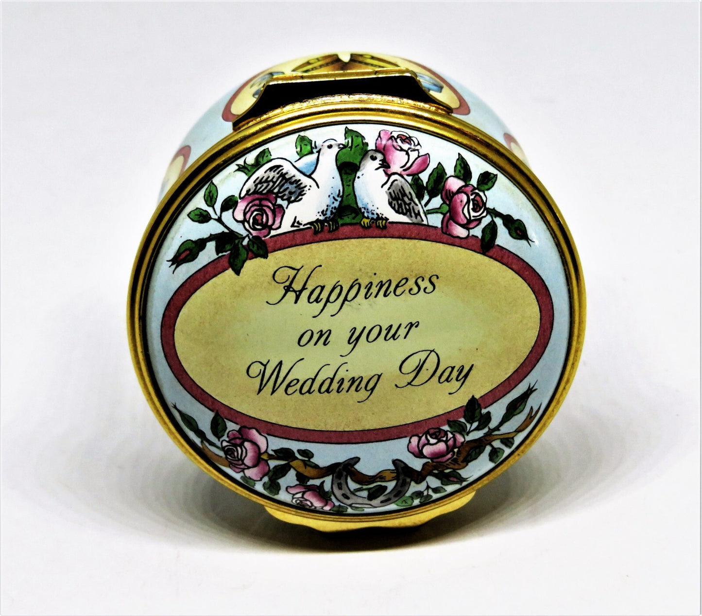 HALCYON DAYS ENAMEL BOX - "HAPPINESS ON YOUR WEDDING DAY" - ROSES & DOVES - MIB