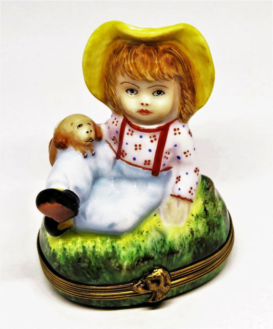LIMOGES FRANCE BOX - CHAMART - FARM CHILD & DOG - PUPPY - PINK FLOWER INSIDE