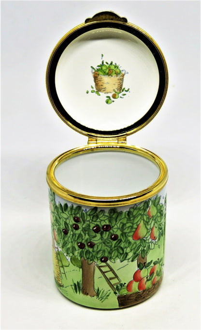 STAFFORDSHIRE ENAMELS STAMP BOX - FRUIT ORCHARD & BEE HIVES - FLOWERS & TREES
