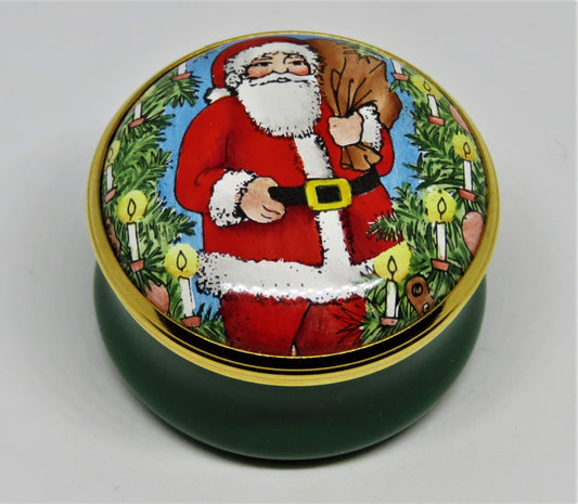 HALCYON DAYS ENAMEL BOX - CHRISTMAS - SANTA CLAUS & WREATH & CANDLES
